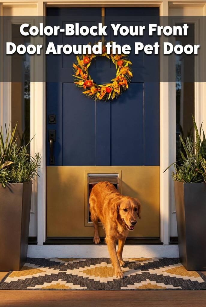 Bold two-tone front door: deep forest green upper two-thirds, warm terracotta or mustard lower third with pet door integrated