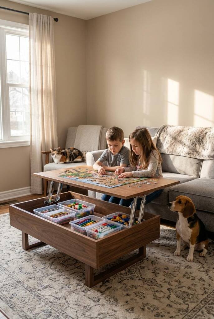 A sleek modern coffee table in a bright living room with the hydraulic top partially lifted and tilted at a 45-degree angle,