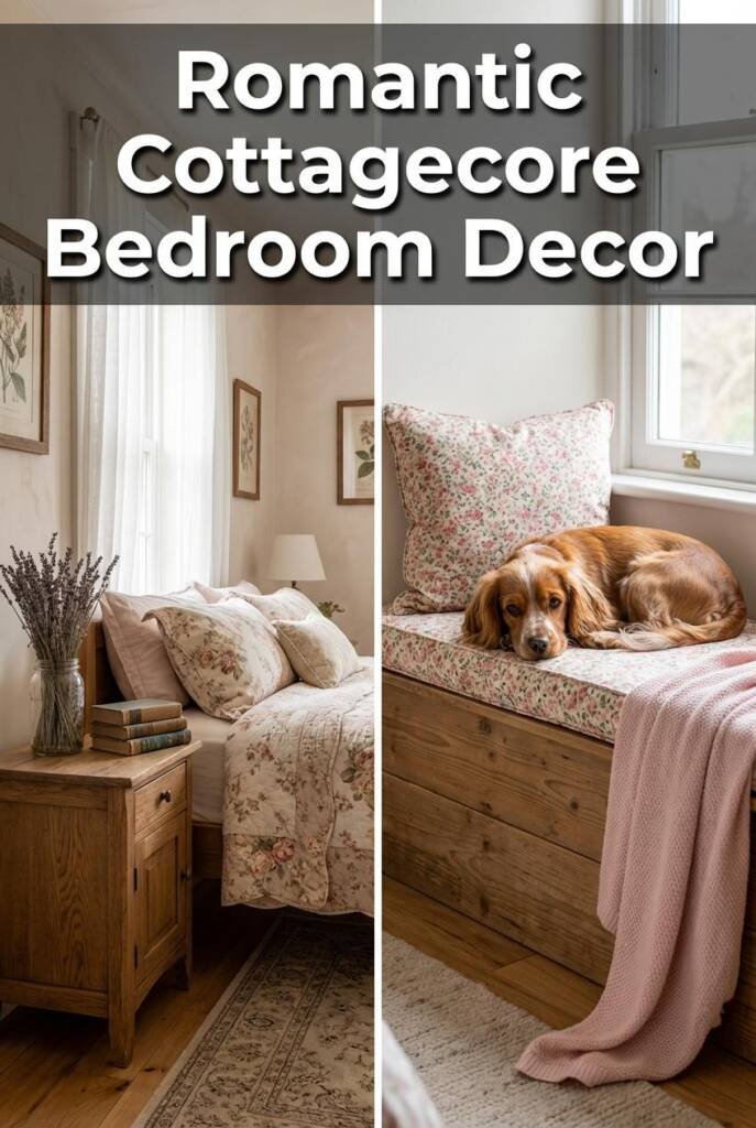A soft pink cottagecore bedroom with vintage floral bedding, dried lavender in a glass jar on the nightstand, and a small sta