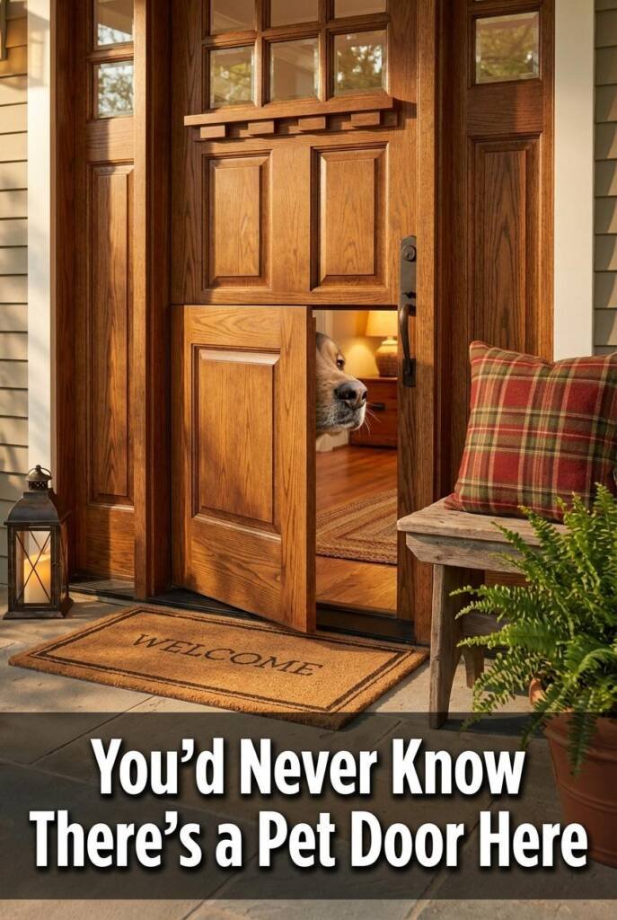 Warm-toned Craftsman front door in rich oak or mahogany stain. Camera focused on the lower wood panels where the pet door is