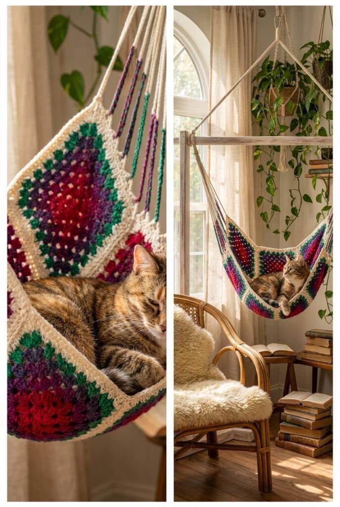 Bohemian granny square hammock in jewel-toned gradient from deep ruby through amethyst to emerald with cream borders, suspend