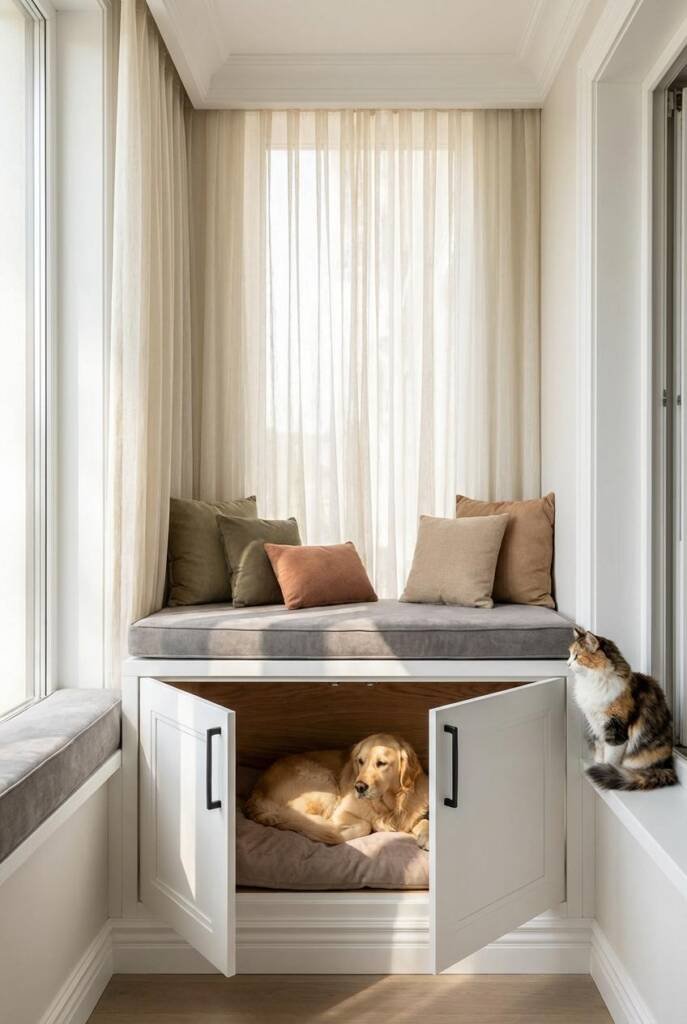A modern living room featuring a pristine white built-in bench with gray cushioning against a large window. The bench has cab