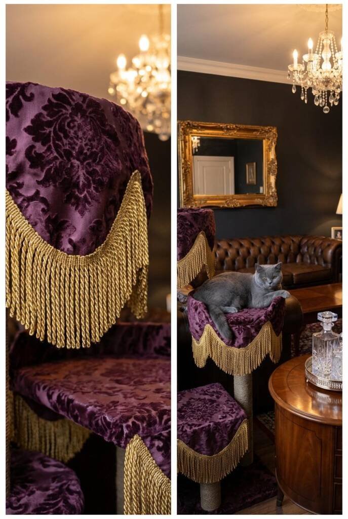 Opulent cat tower draped in deep plum damask velvet with tone-on-tone floral pattern, finished with heavy gold bullion fringe