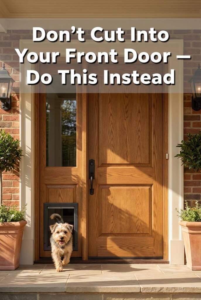 Elegant front entry with a statement door flanked by two sidelight panels. Camera draws attention to the lower solid portion