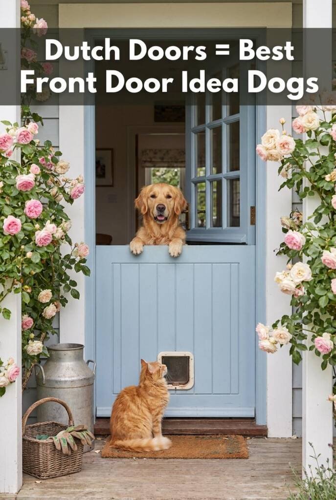 Charming sage green or soft blue Dutch door — top half swung open, bottom half closed with a small pet flap visible. A golden
