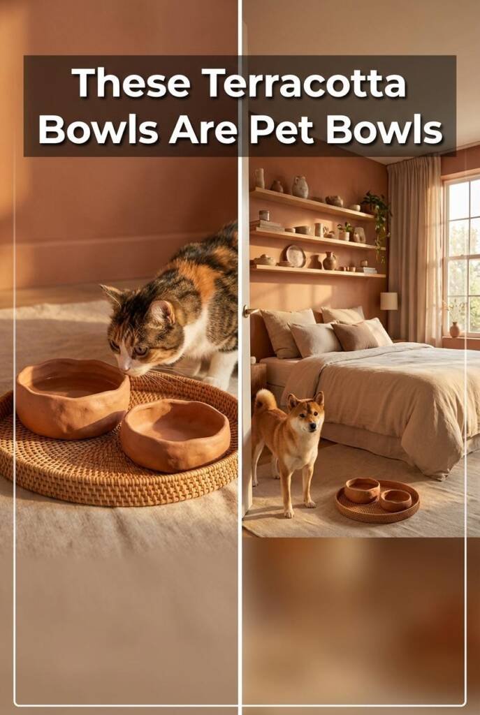 A warm earthy bedroom with terracotta-toned walls, soft sand linen bedding, and handmade ceramic objects on shelves. Near the