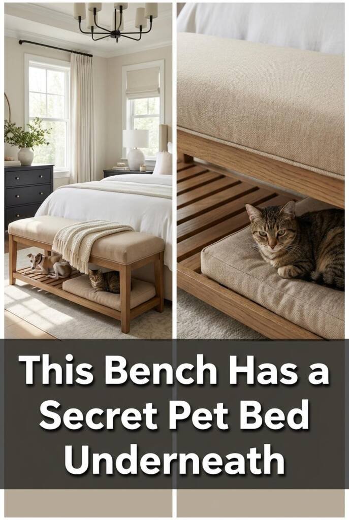 A polished bedroom with a classic upholstered end-of-bed bench in warm beige performance fabric at the foot of a neatly made