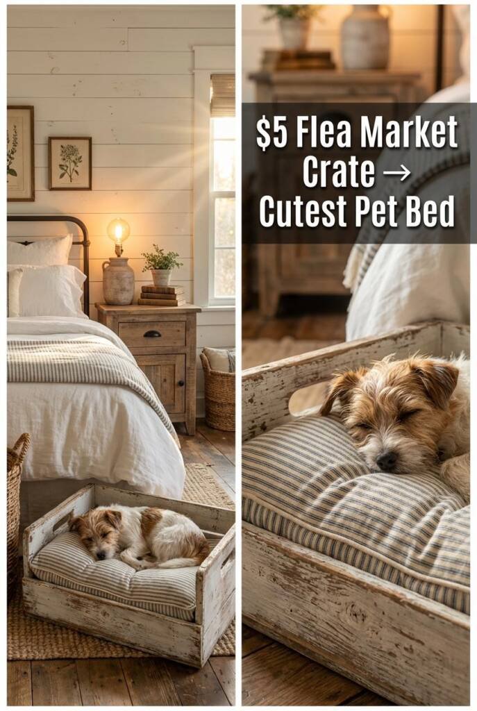 A cozy farmhouse bedroom with a shiplap accent wall painted soft white, reclaimed wood nightstands, and soft white bedding wi