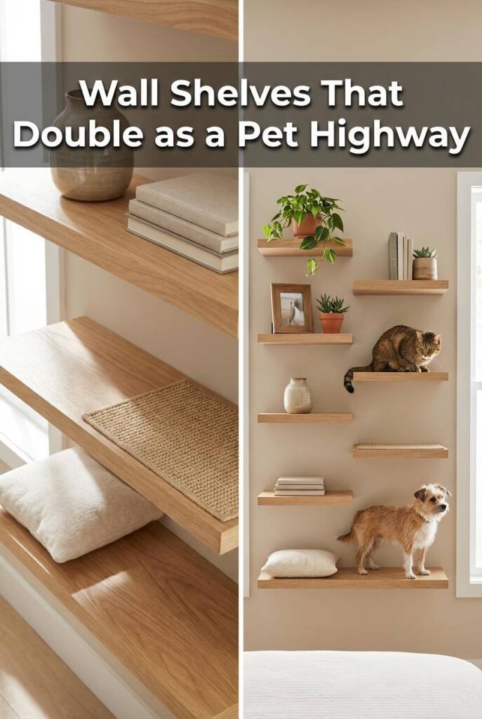 A bedroom wall with six staggered natural oak floating shelves at varying heights creating a dynamic display. Most shelves ho