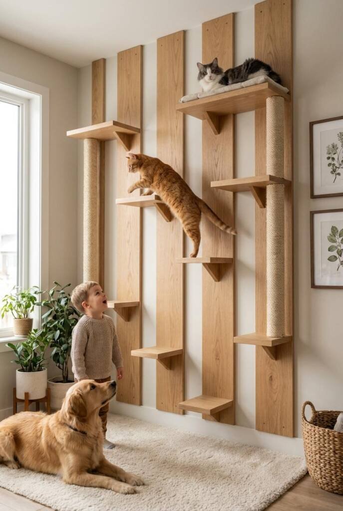 A stunning modern living room with a full wall featuring a floor-to-ceiling natural wood climbing system in light oak. Multip