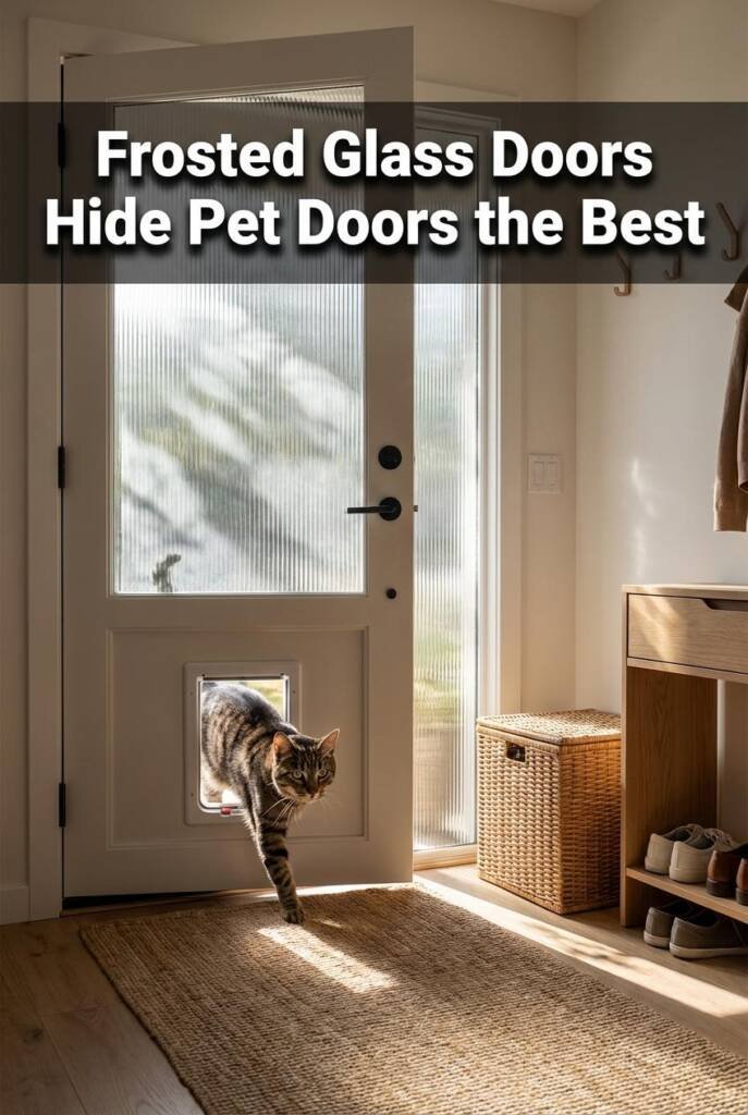 Contemporary front door with beautiful reeded/frosted glass upper section letting light glow through — solid opaque lower pan