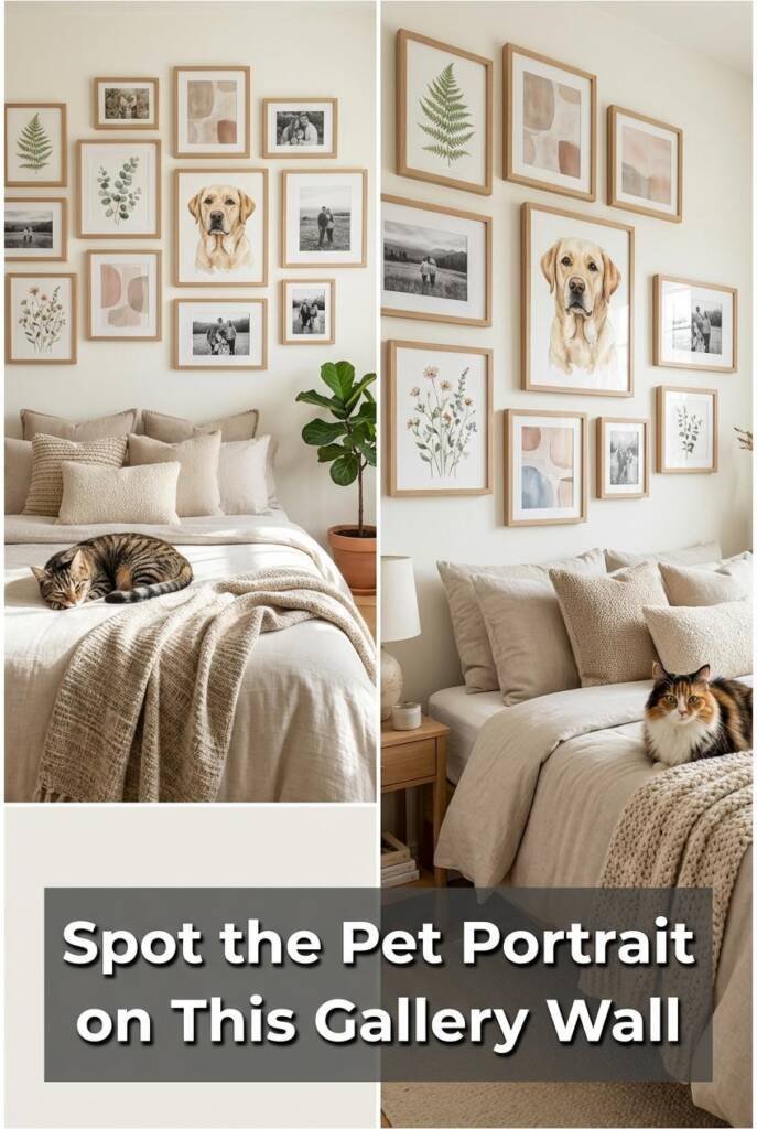 A beautifully curated gallery wall above a bed with natural wood-framed art pieces: botanical watercolors, abstract prints, p