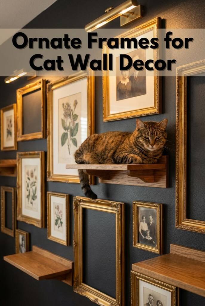 Brilliant grandmillennial cat wall shelves cleverly integrated into curated gallery wall of mismatched ornate gold frames fro