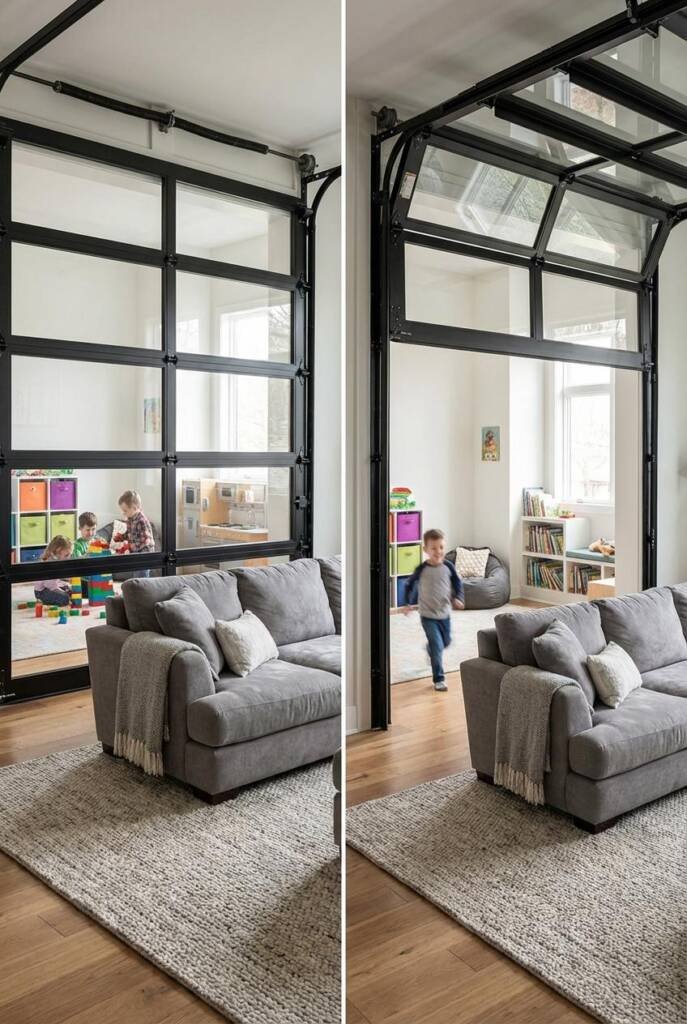 A modern open-concept home showing aluminum-framed glass garage doors with black frames separating a pristine living room fro