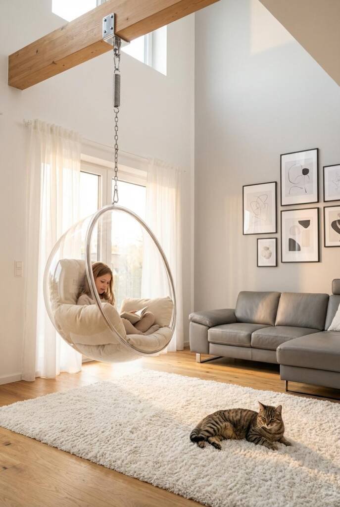 A stunning modern living room with soaring white ceilings featuring a clear acrylic bubble chair suspended from a heavy-duty