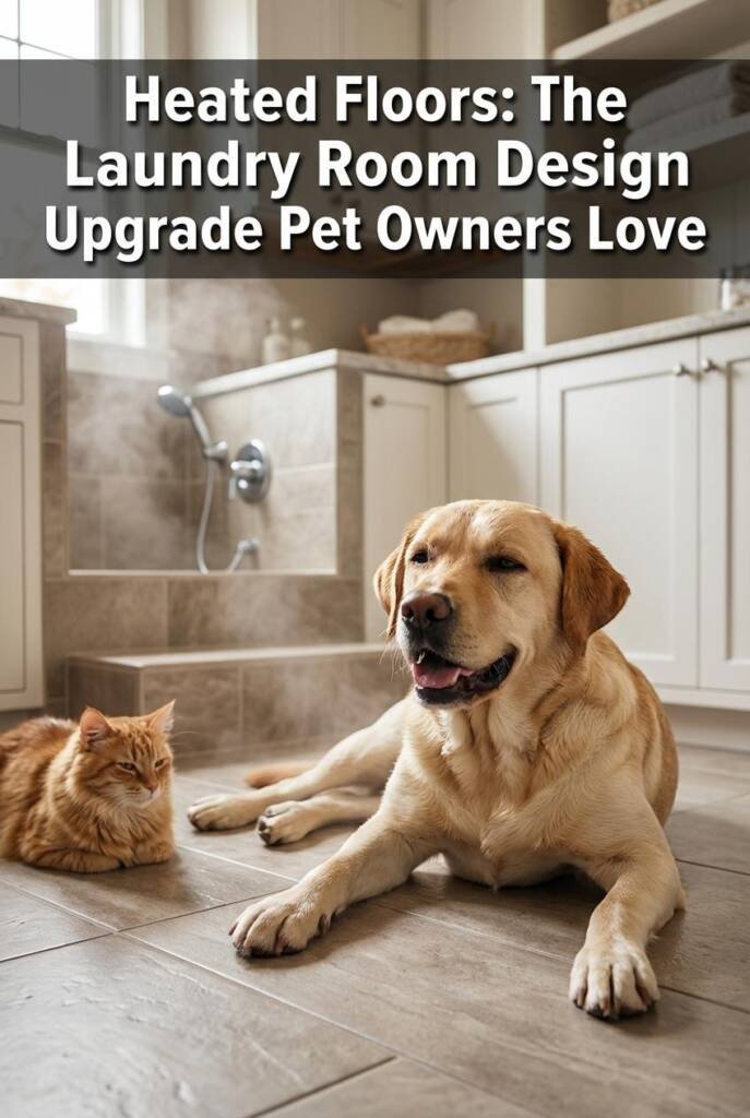 Ground-level perspective shot of a beautiful laundry room floor — large format porcelain tile in a warm greige tone with subt