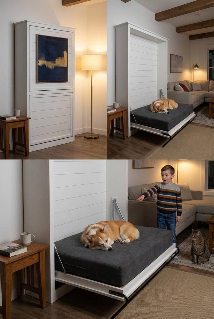 A contemporary living room showing a Murphy pet bed in two states: Left side shows the decorative wall panel closed, featurin