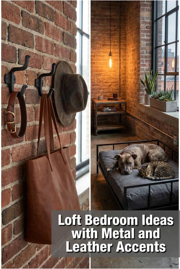 An industrial-style bedroom with exposed brick walls, a metal-frame nightstand, an Edison bulb pendant light, and a concrete