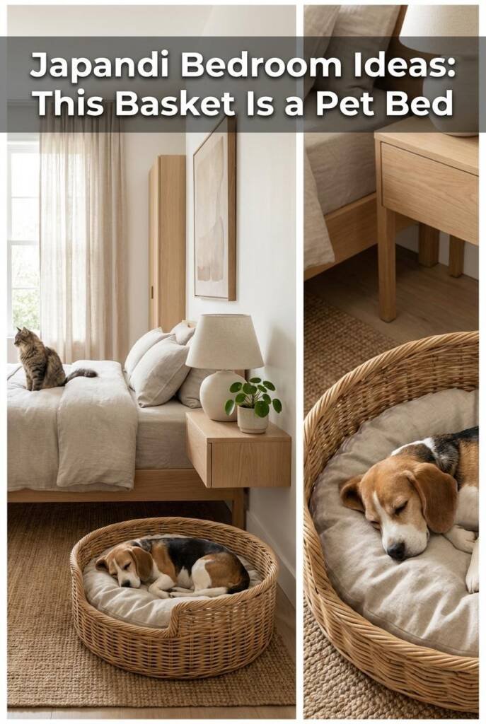 A warm Japandi-style bedroom with light oak furniture, muted linen bedding in oatmeal tones, and a ceramic table lamp on a mi