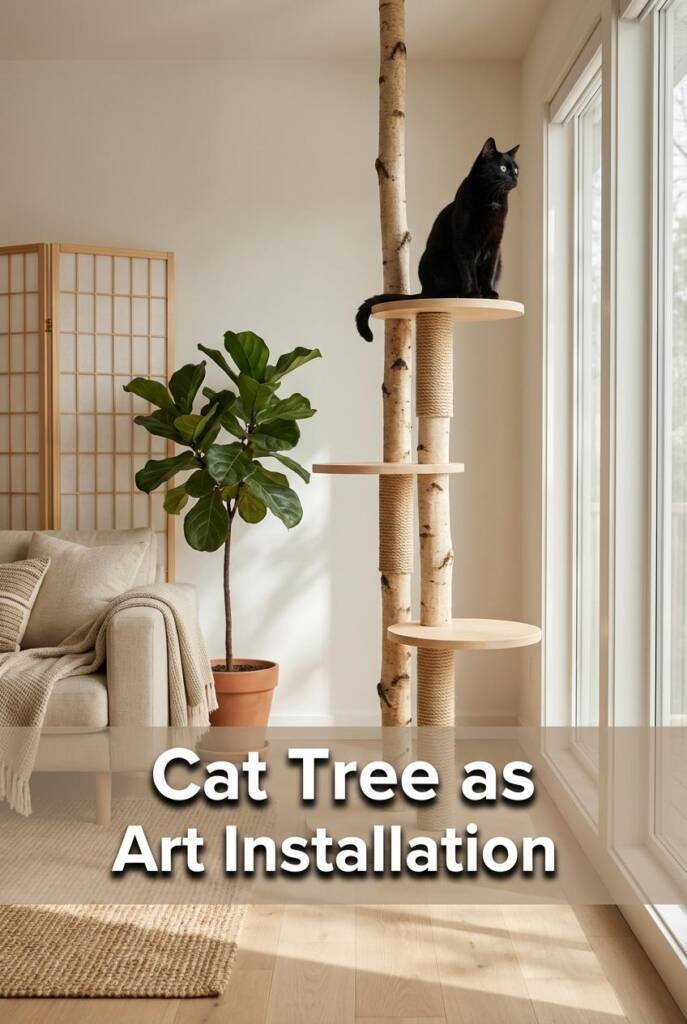 Photorealistic vertical 2:3 image of a tall minimalist cat tree with natural birch wood poles and three simple round platform