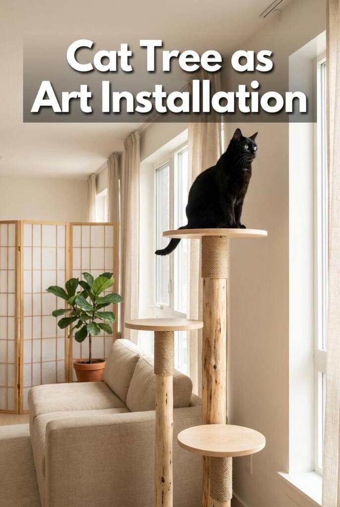 Photorealistic vertical 2:3 image of a tall minimalist cat tree with natural birch wood poles and three simple round platform