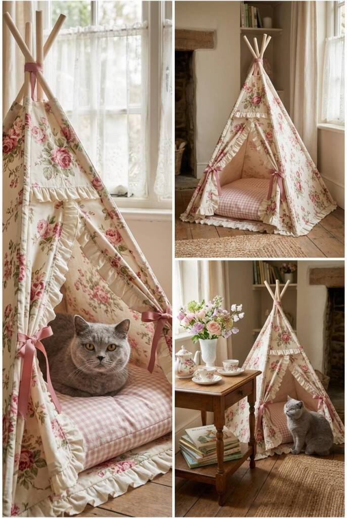 Enchanting cat teepee in signature Laura Ashley rose print on cream background with ruffled trim and ribbon ties, interior li
