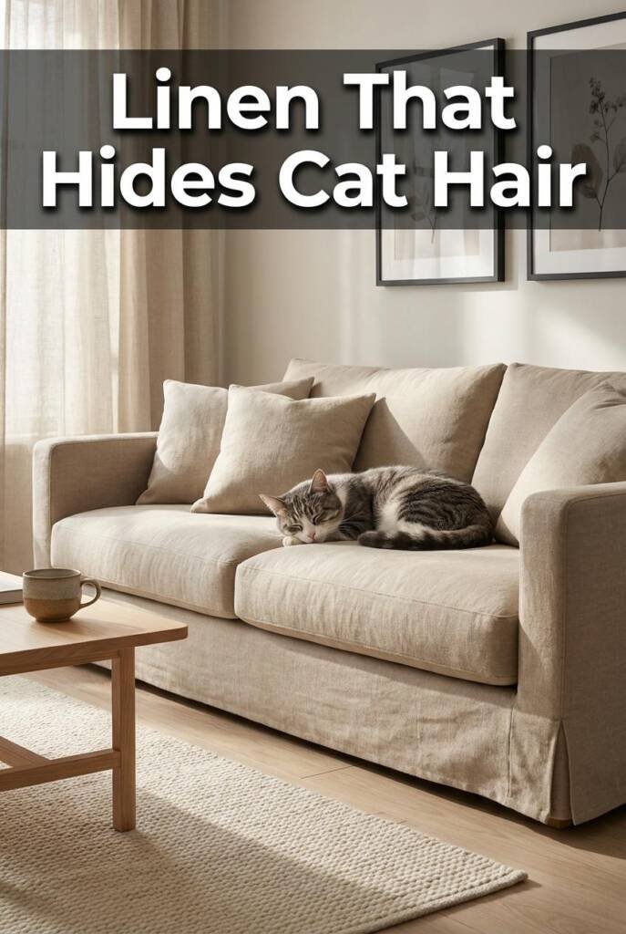 Photorealistic vertical 2:3 image of a modern sofa with a relaxed-fit stonewashed linen slipcover in a warm oatmeal color. A