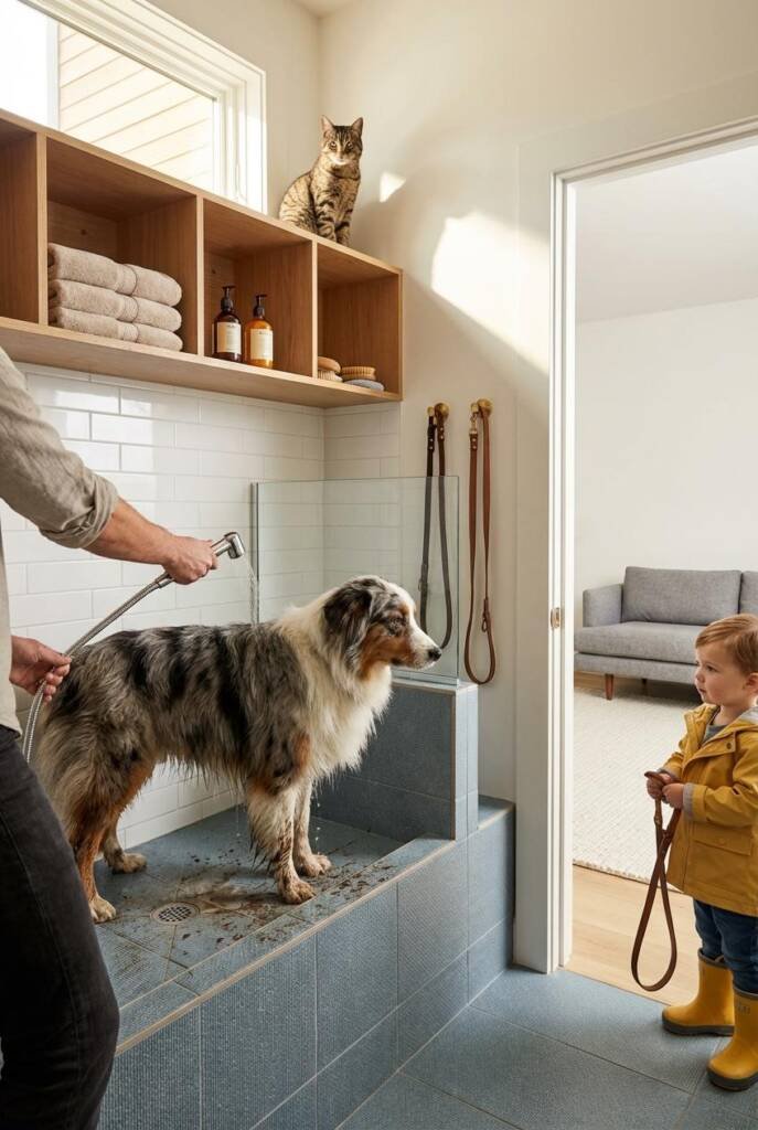 A stylish mudroom entry that opens into a modern living room, featuring a custom tiled dog washing station with non-slip blue