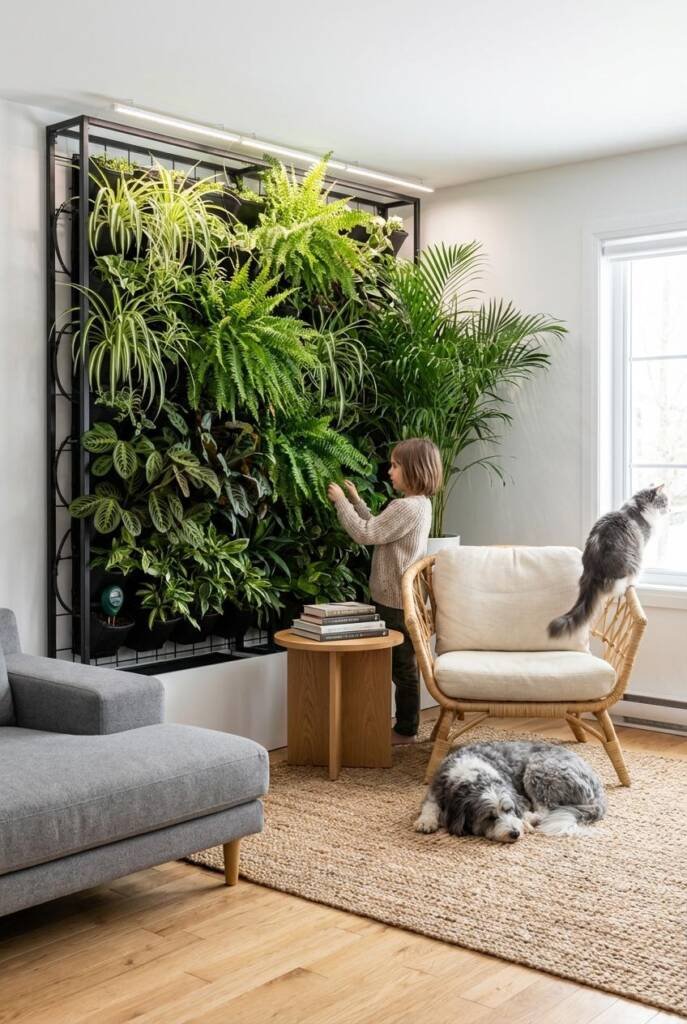 A breathtaking modern living room featuring a floor-to-ceiling living wall system covering an entire 10-foot wall with lush g