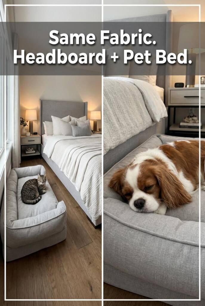 A luxurious master bedroom with a plush upholstered headboard in soft gray linen, coordinated throw pillows, and layered hote