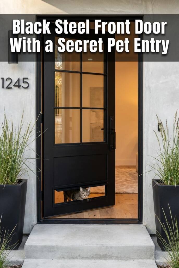 Dramatic matte black steel-framed front door with glass grid panes — shot straight-on. At the base, a slim black vent-style o