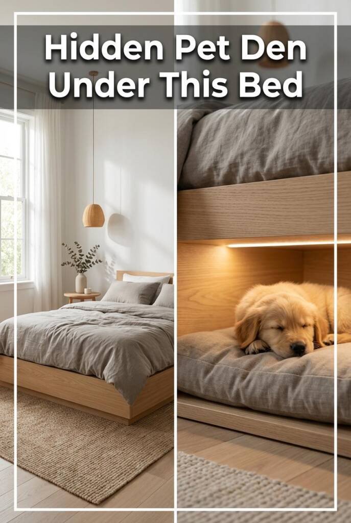 A serene minimalist bedroom with white walls and a low-profile light oak platform bed dressed in warm gray linen bedding. A s