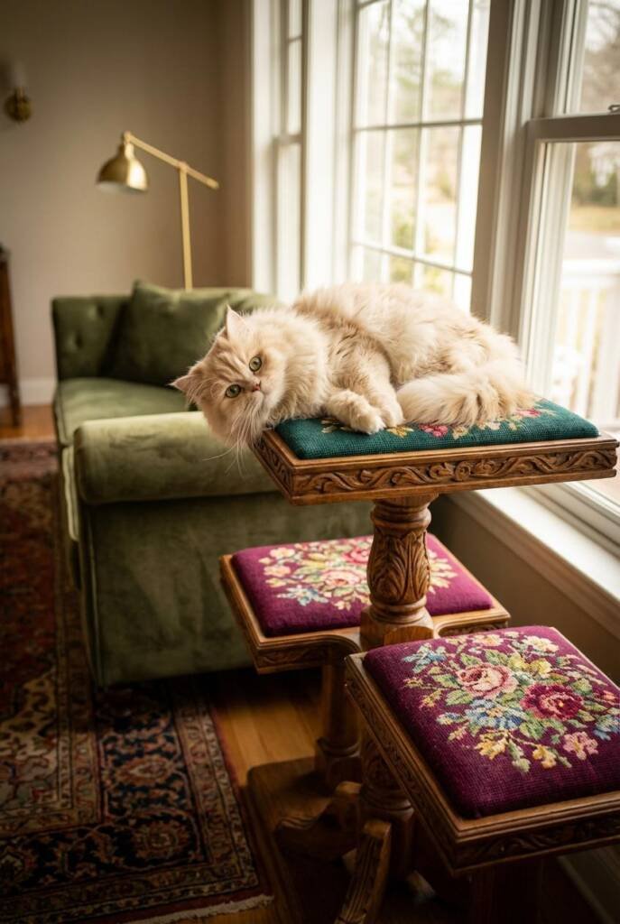 High-end living room interior with a multi-level cat tree featuring thick needlepoint cushions in jewel-toned floral patterns