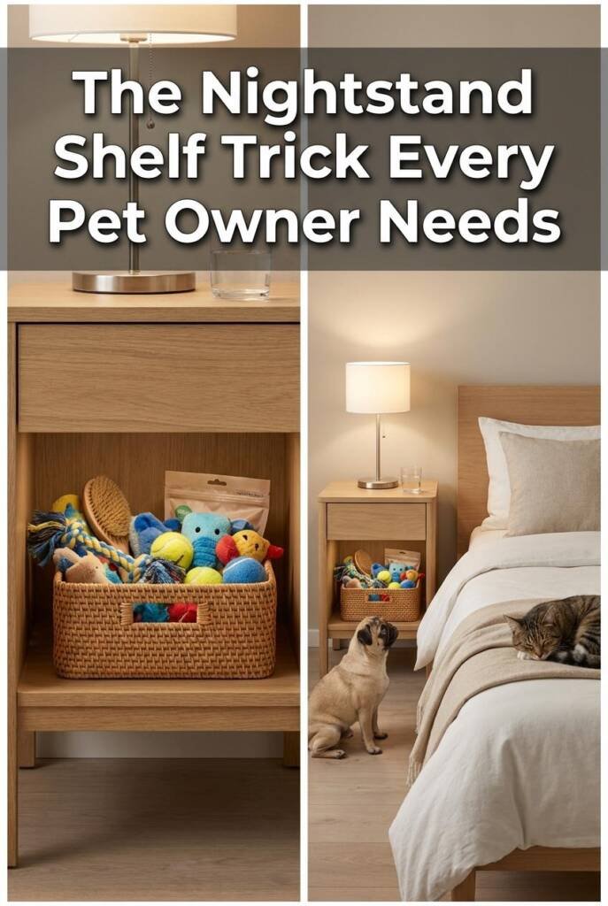 A clean modern nightstand with a simple lamp and a glass of water on the top surface. The lower open shelf holds a neatly arr