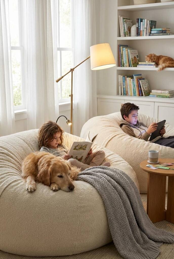 A cozy living room corner featuring two massive bean bag loungers in creamy ivory bouclé fabric (approximately 5 feet in diam