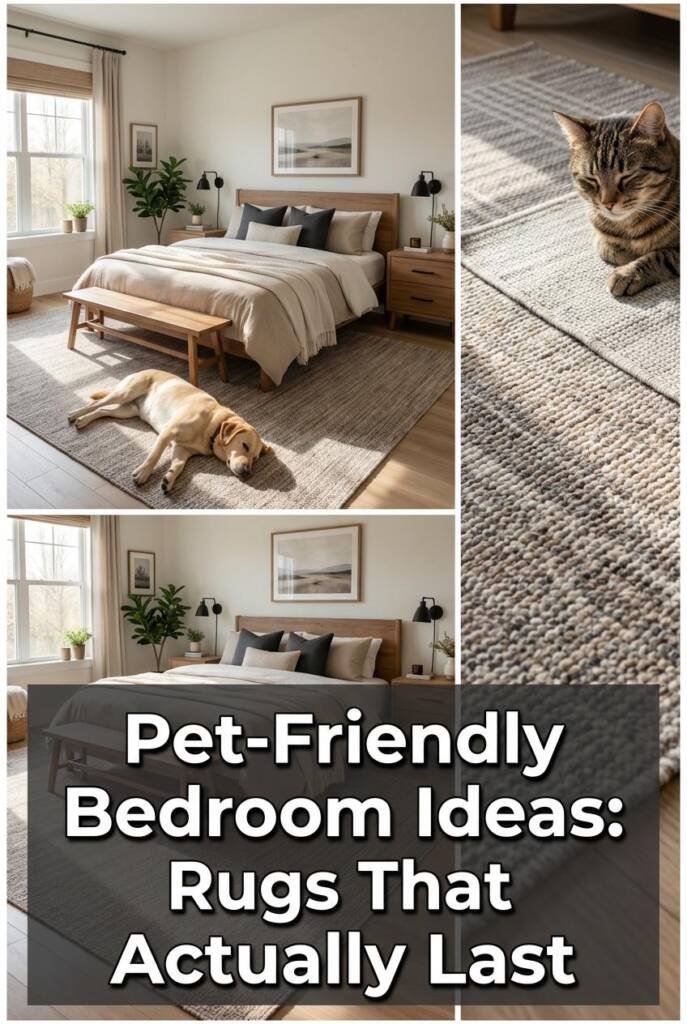 A beautiful bedroom with a warm heathered flat-weave area rug in soft mid-tone browns and creams extending from beneath the b