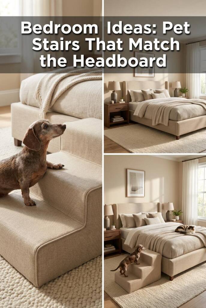 A polished tailored bedroom with a linen-upholstered bed frame and soft padded headboard in warm oatmeal. Coordinated bedding