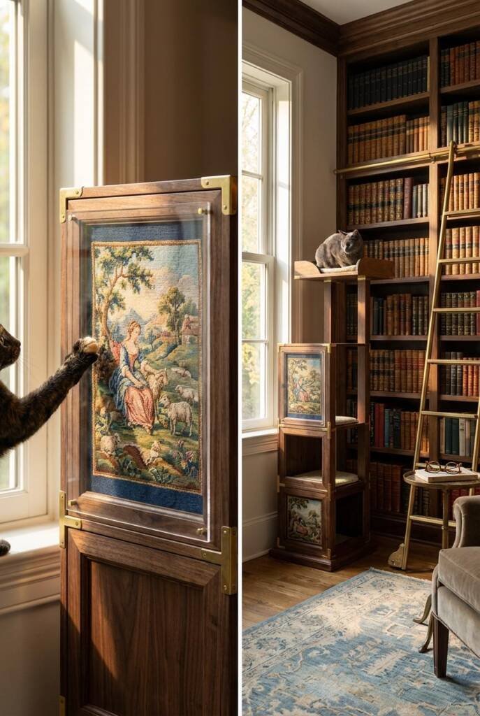 Museum-worthy cat tower with antique petit point embroidery panels featuring romantic pastoral scenes encased in clear acryli