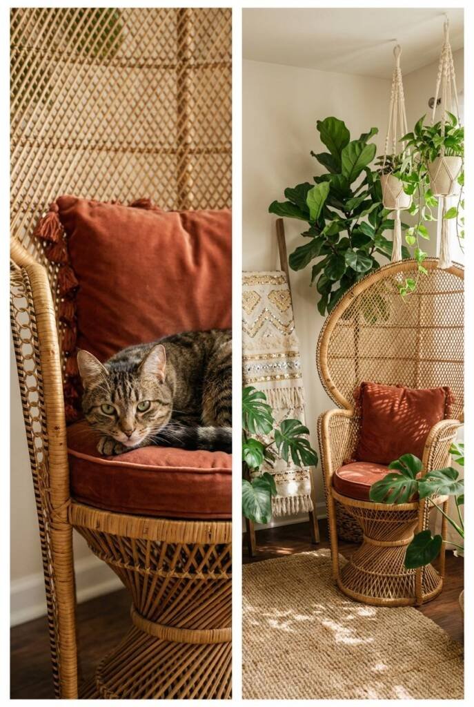 Iconic vintage rattan peacock chair with dramatic fan back and intricate woven patterns, fitted with plush terracotta velvet