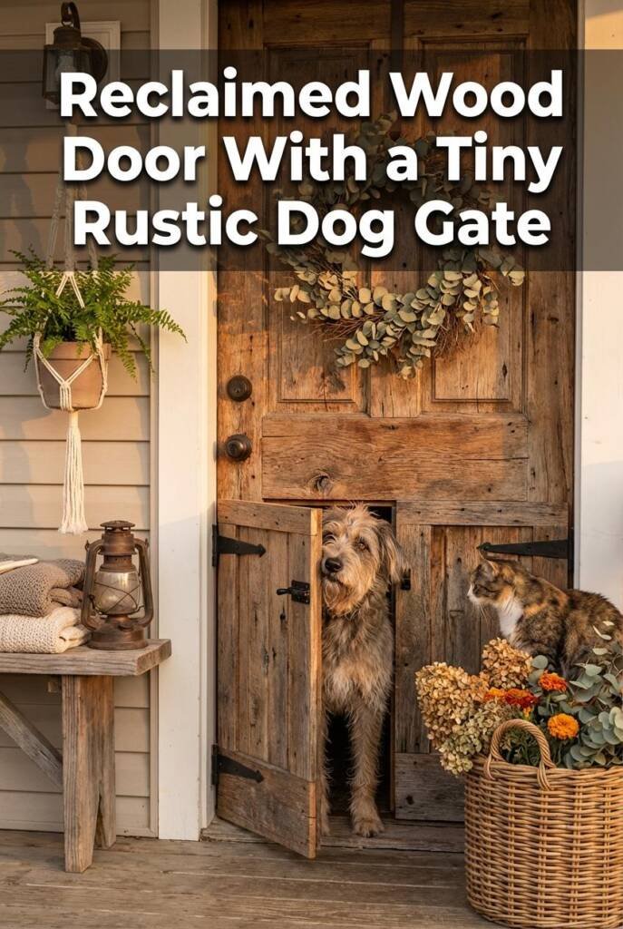 Textured reclaimed wood front door with visible grain and character. In the lower section, a miniature hinged gate (like a st