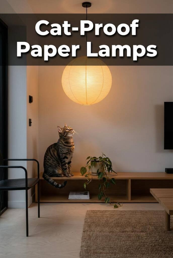 Photorealistic vertical 2:3 image of a round rice paper pendant lamp glowing warmly in a dimly lit Japandi living room with p
