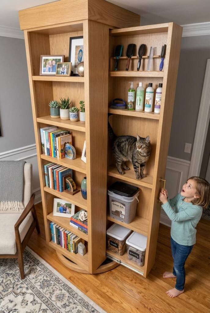 A sophisticated living room showing a floor-to-ceiling bookshelf (approximately 8 feet tall, 4 feet wide) in rich walnut wood