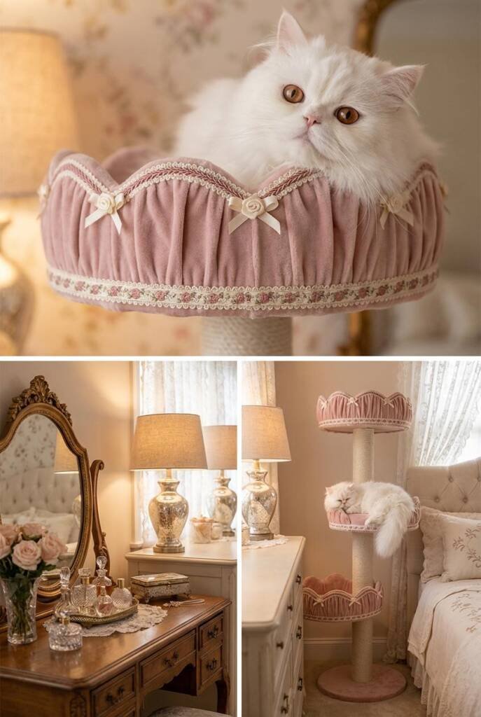 Whimsical cat tree with perfectly symmetrical scalloped edges on each platform upholstered in blush pink velvet, trimmed with