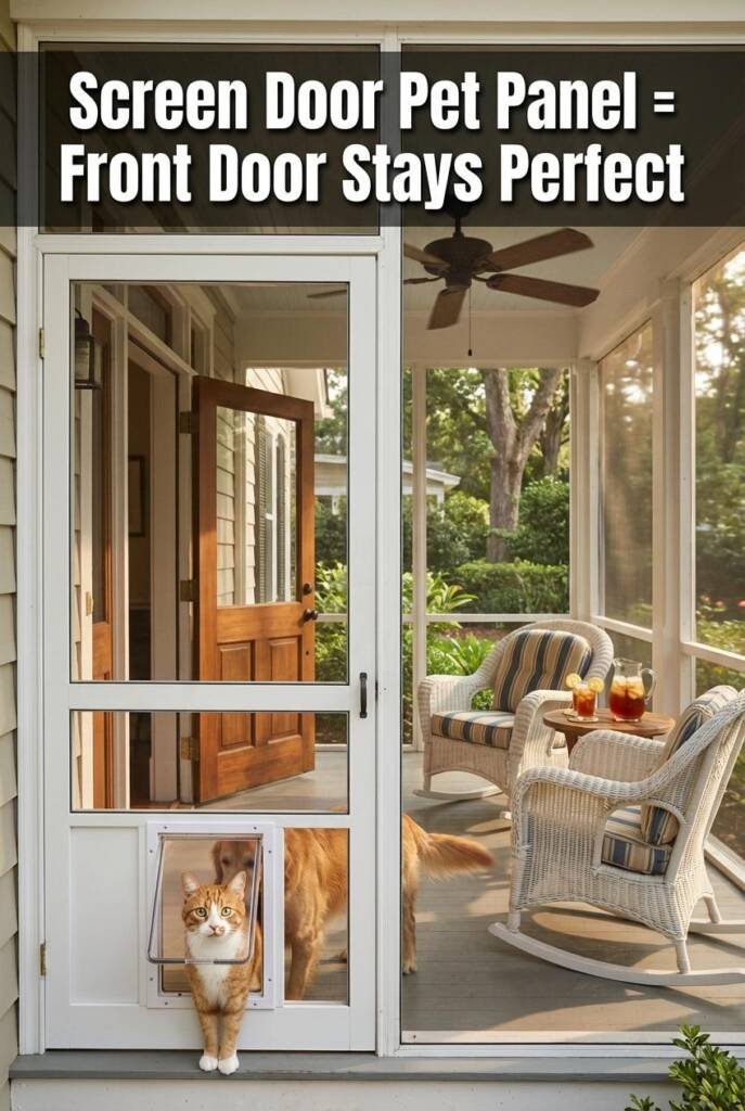 Classic screened-in front porch — white-painted wood frame. The screen door has a solid pet panel on the lower third with a f