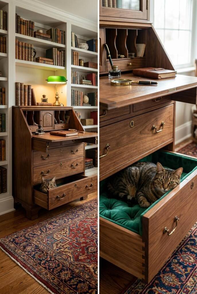 Clever antique secretary desk in rich walnut with brass hardware, lower drawer pulled open revealing secret pet cubby lined w