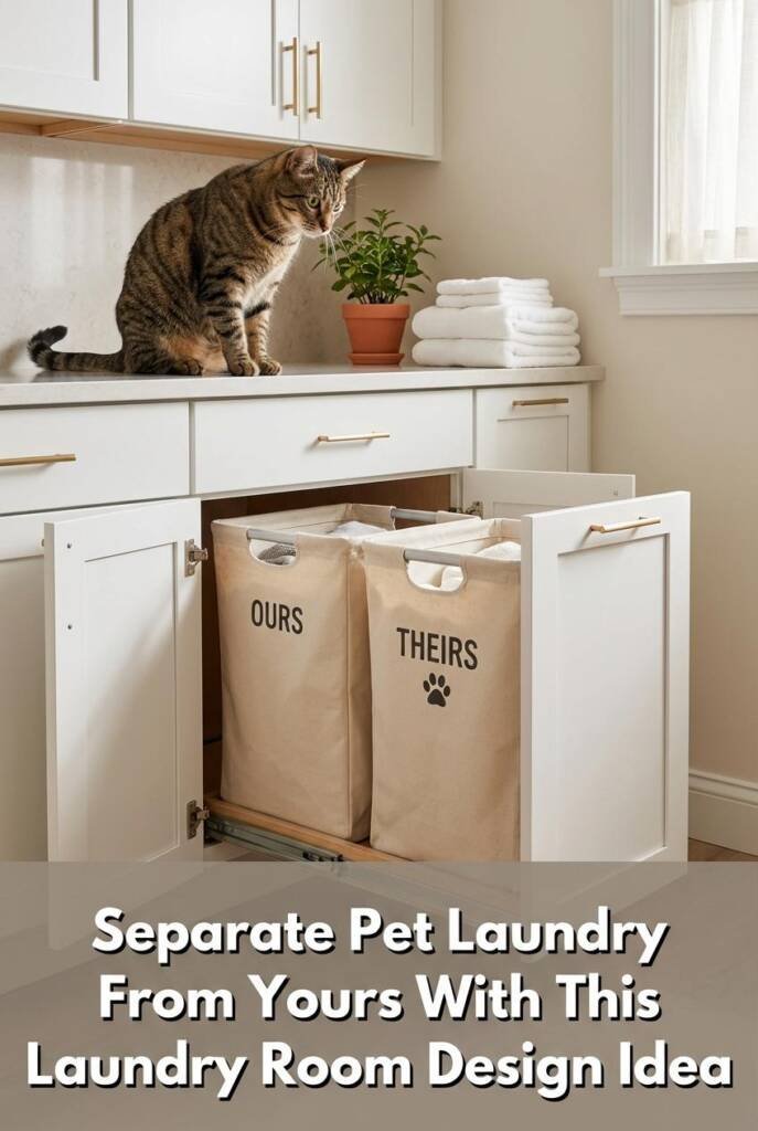 Sleek modern laundry room cabinet with doors open revealing a pull-out dual-bin hamper system. One natural canvas bin is labe