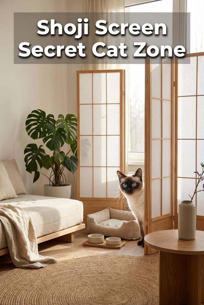 Photorealistic vertical 2:3 image of a three-panel shoji-style room divider with natural wood frames and translucent white pa