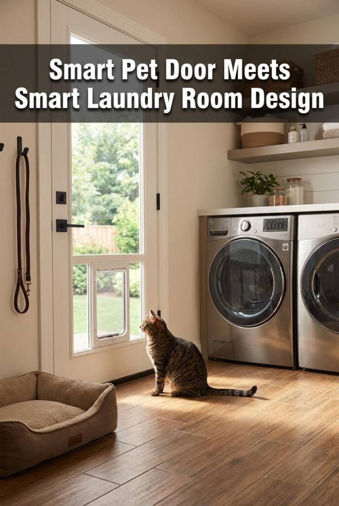 Bright airy laundry room with a back door that has a sleek modern pet door built into the lower panel. Through the pet door y