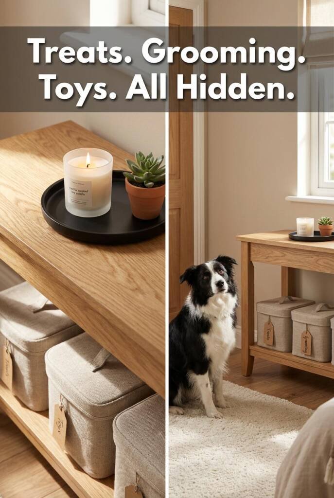 A small wooden console table near a bedroom door with a decorative tray holding a candle and a small plant on top. On the low