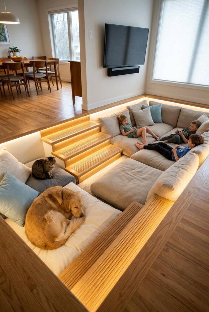 A stunning modern living room featuring a sunken conversation pit recessed 15 inches below the main floor level. The pit is a